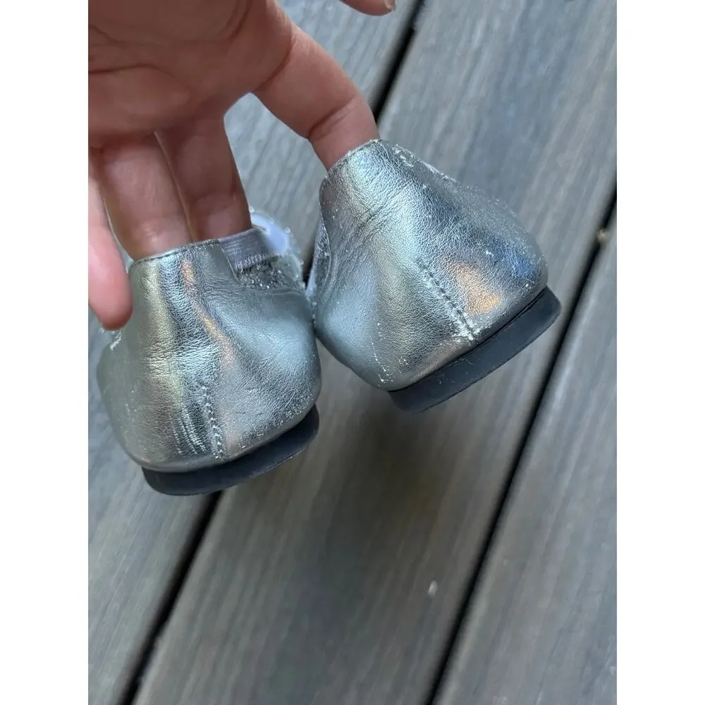 Lands’ End Girl’s US 4M Silver Sparkle Cameron Classic Captoe Ballet Flats Shoes